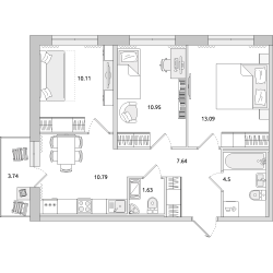 Трёхкомнатная квартира 62 м²