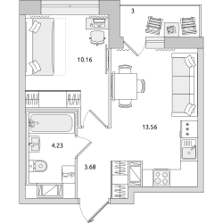 Однокомнатная квартира 35 м²