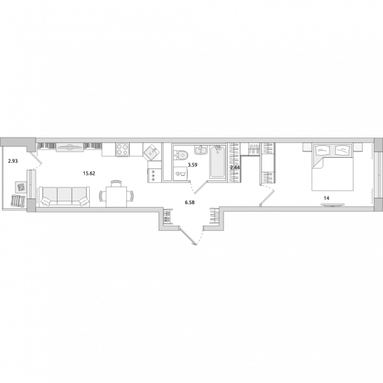 Однокомнатная квартира 45 м²