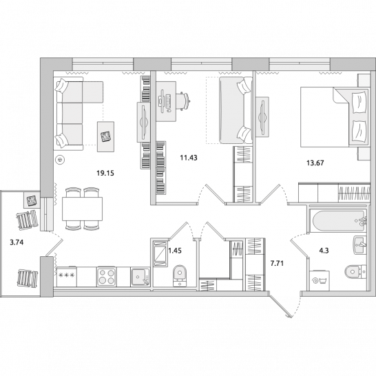 Двухкомнатная квартира 63 м²