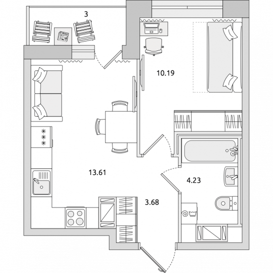 Однокомнатная квартира 35 м²