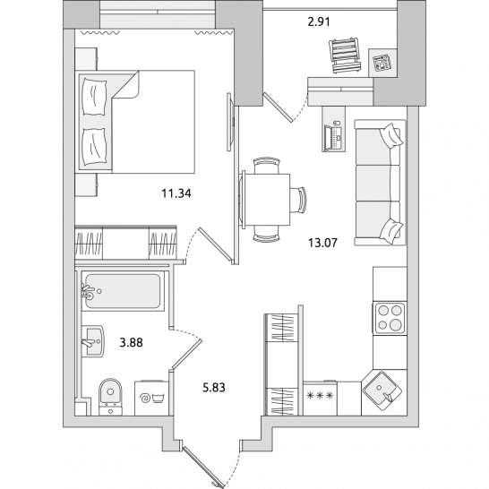 Однокомнатная квартира 37 м²