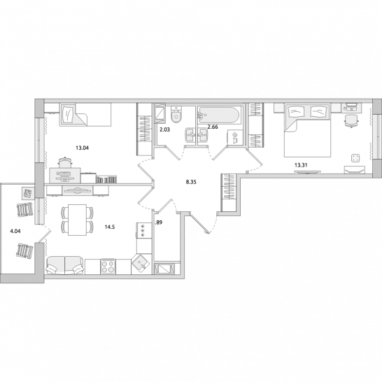 Двухкомнатная квартира 60 м²