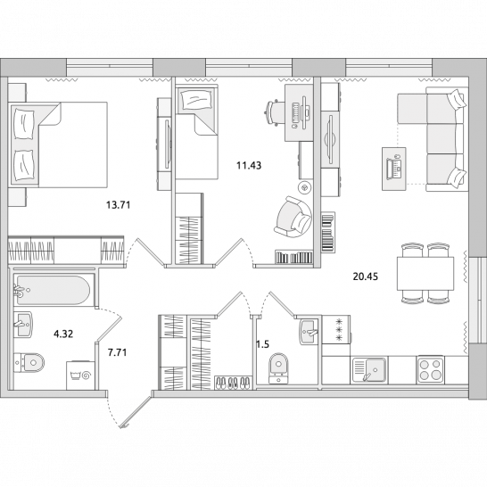 Двухкомнатная квартира 61 м²