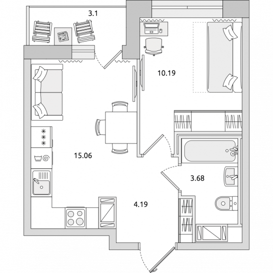Однокомнатная квартира 36 м²