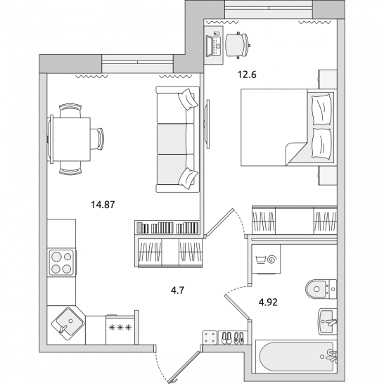 Однокомнатная квартира 37 м²