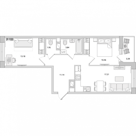 Двухкомнатная квартира 61 м²