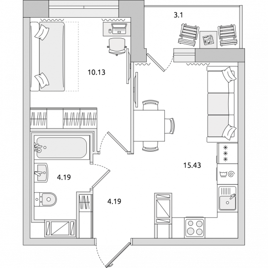 Однокомнатная квартира 37 м²
