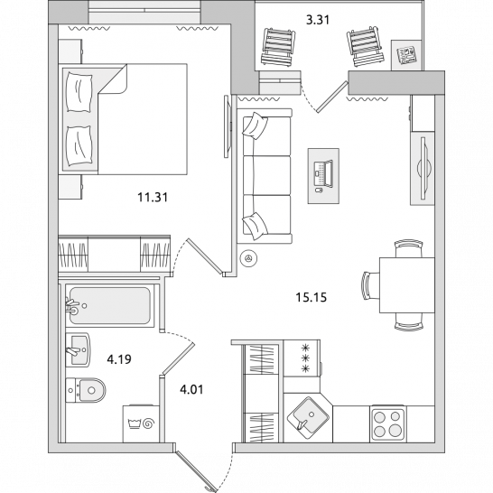 Однокомнатная квартира 38 м²