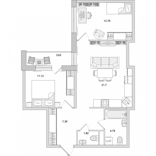 Двухкомнатная квартира 66 м²