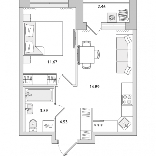 Однокомнатная квартира 37 м²