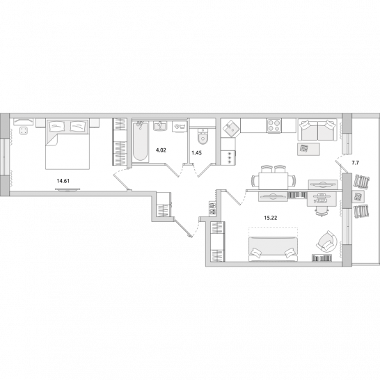Двухкомнатная квартира 64 м²
