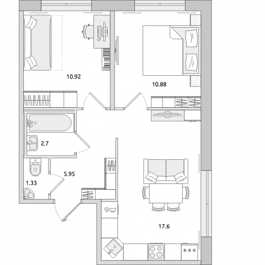 Двухкомнатная квартира 49 м²