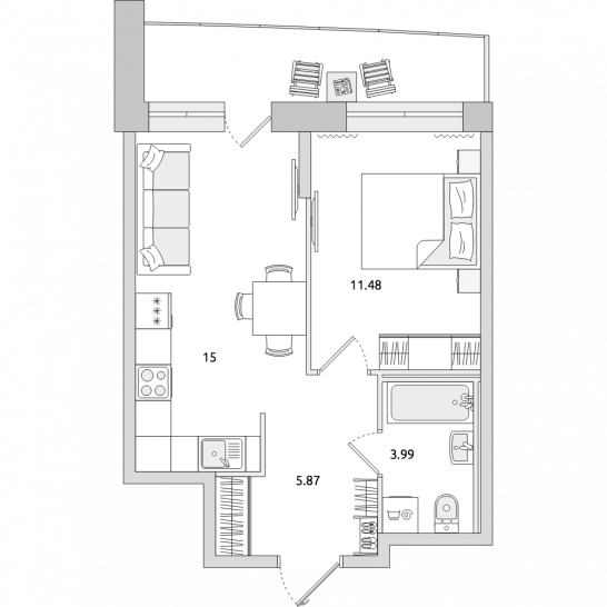 Однокомнатная квартира 44 м²
