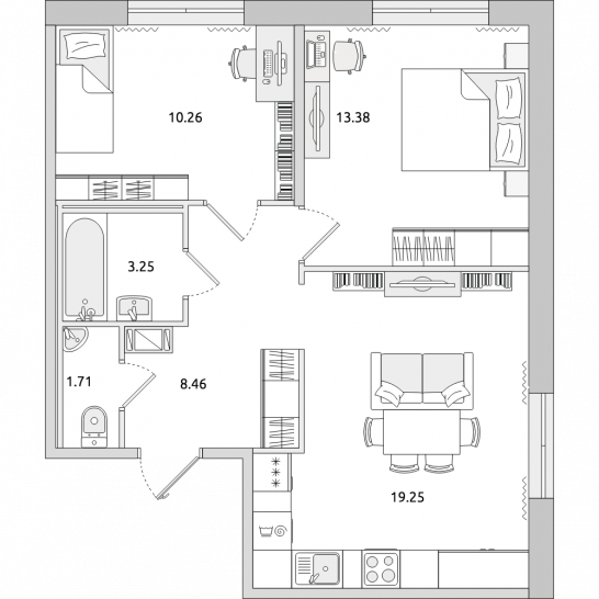 Двухкомнатная квартира 56 м²
