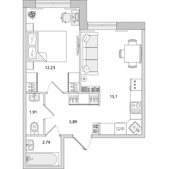 Однокомнатная квартира 38 м²