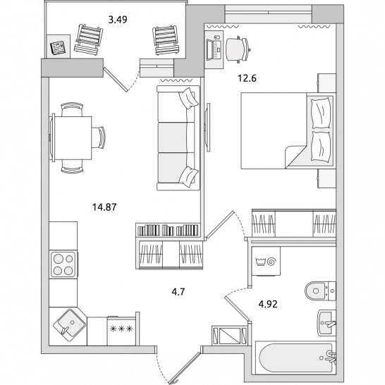 Однокомнатная квартира 41 м²