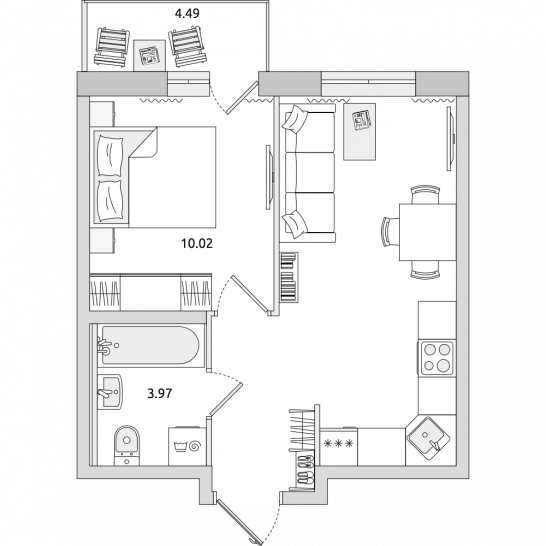 Однокомнатная квартира 38 м²