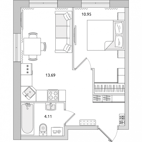 Однокомнатная квартира 35 м²
