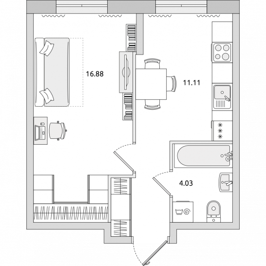 Однокомнатная квартира 36 м²