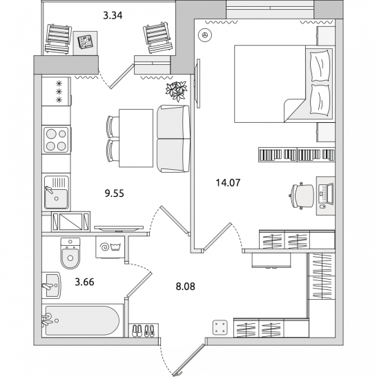 Однокомнатная квартира 39 м²