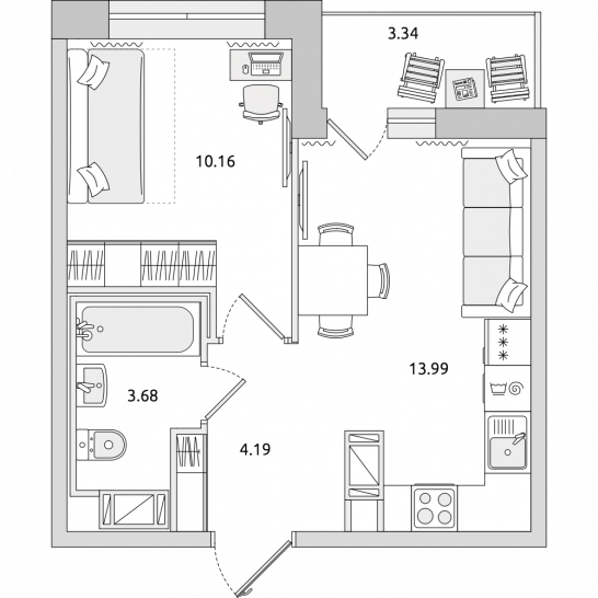 Однокомнатная квартира 35 м²