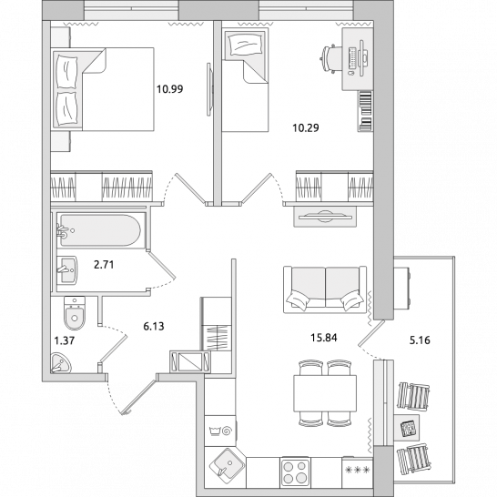 Двухкомнатная квартира 52 м²