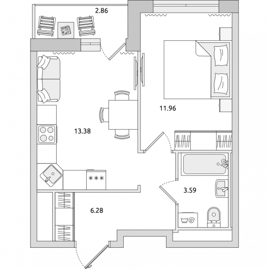 Однокомнатная квартира 38 м²