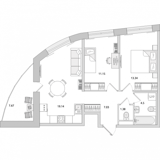 Двухкомнатная квартира 64 м²