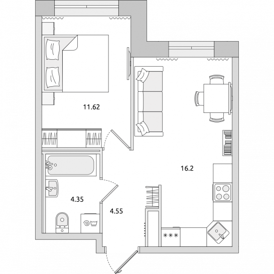 Однокомнатная квартира 37 м²