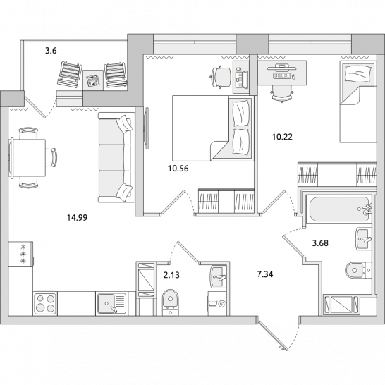 Двухкомнатная квартира 53 м²