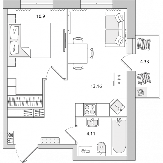 Однокомнатная квартира 39 м²