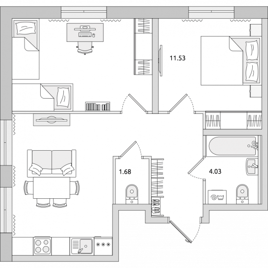 Двухкомнатная квартира 54 м²