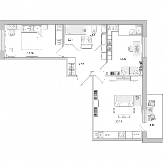 Двухкомнатная квартира 63 м²