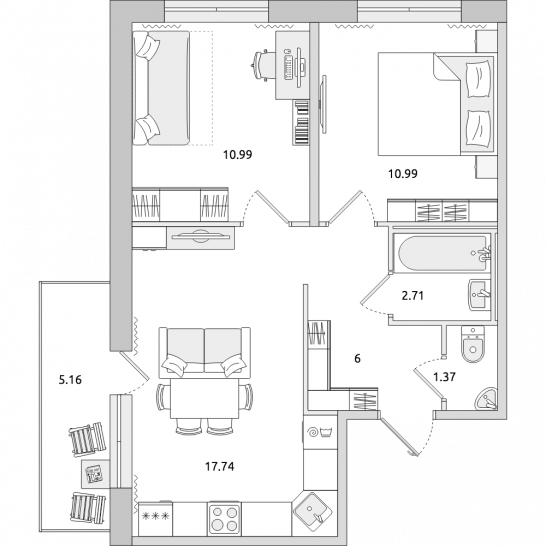 Двухкомнатная квартира 55 м²