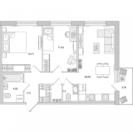 Двухкомнатная квартира 65 м²