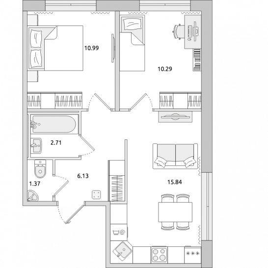 Двухкомнатная квартира 47 м²
