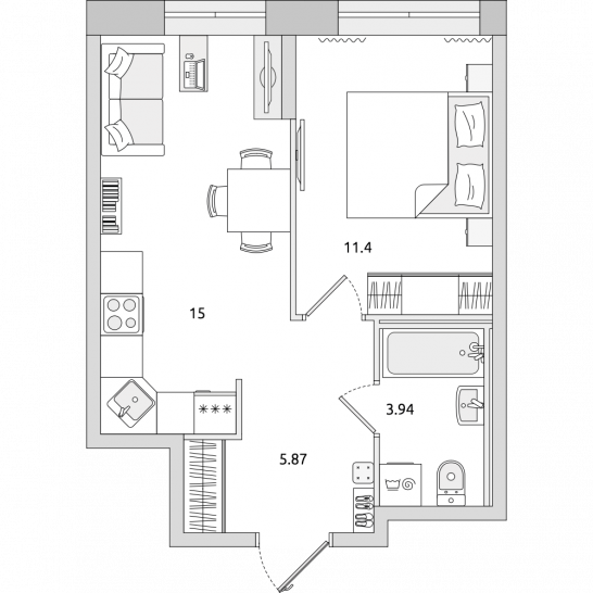 Однокомнатная квартира 36 м²