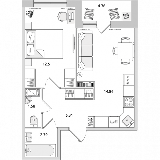 Однокомнатная квартира 42 м²
