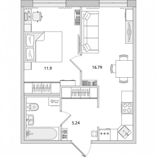 Однокомнатная квартира 39 м²