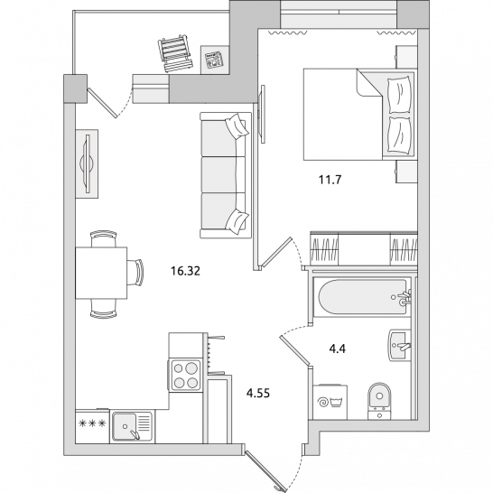 Однокомнатная квартира 40 м²