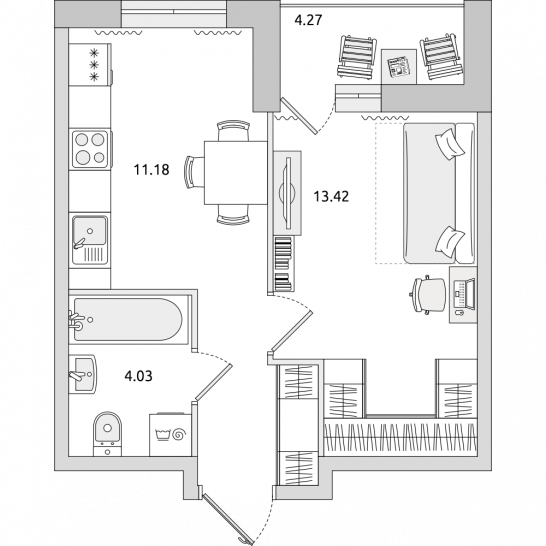 Однокомнатная квартира 37 м²