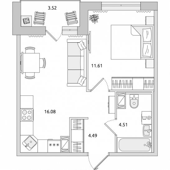 Однокомнатная квартира 40 м²