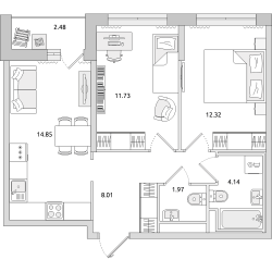 Двухкомнатная квартира 56 м²