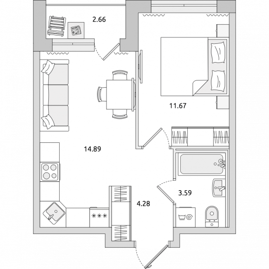 Однокомнатная квартира 37 м²