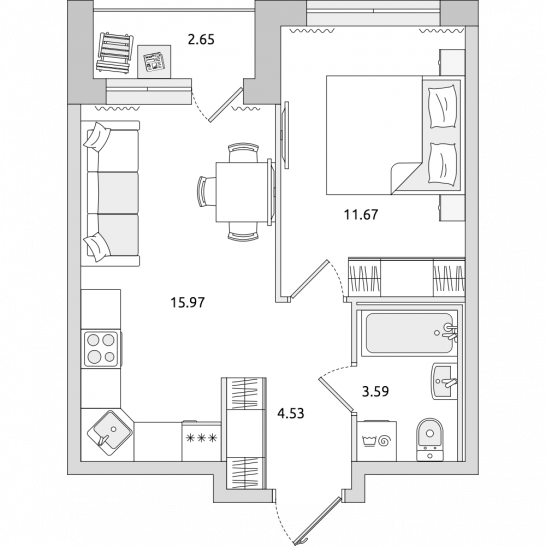 Однокомнатная квартира 38 м²