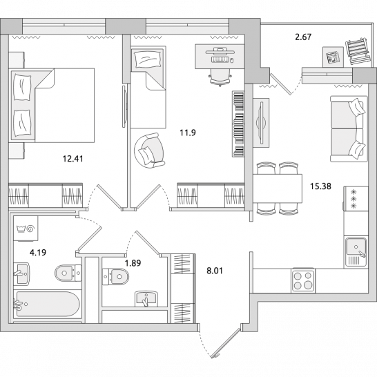 Двухкомнатная квартира 56 м²