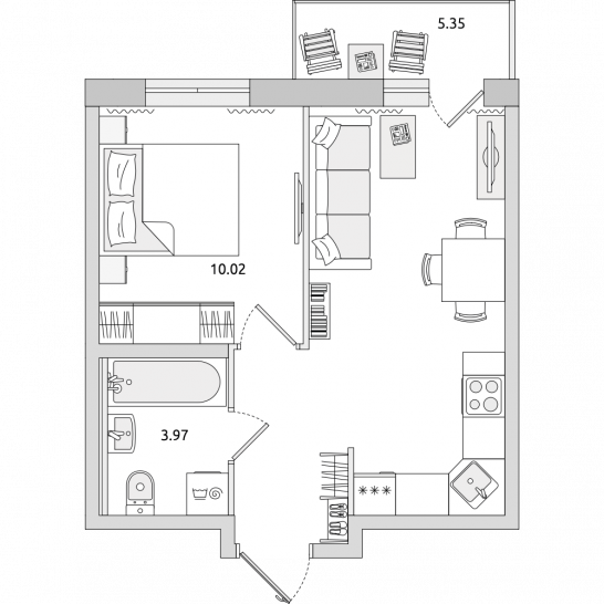 Однокомнатная квартира 39 м²