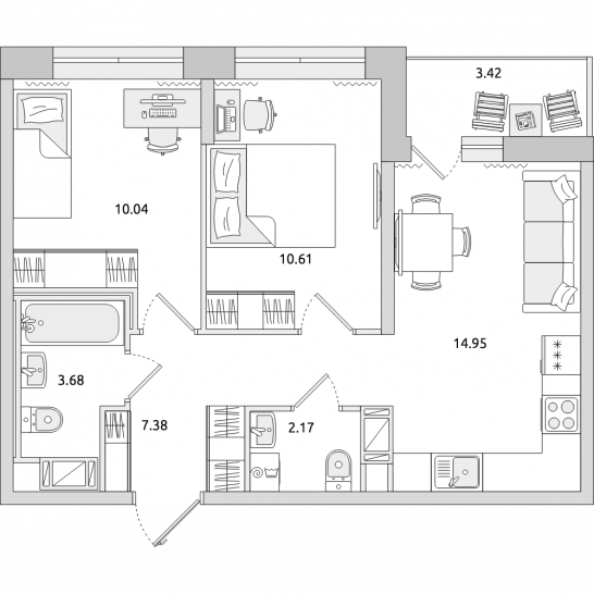 Двухкомнатная квартира 52 м²