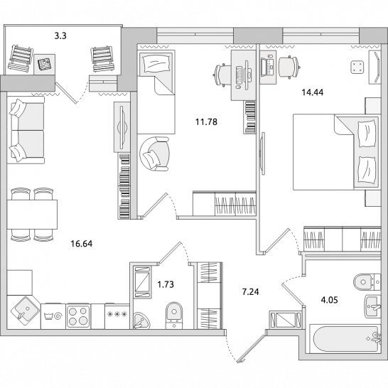 Двухкомнатная квартира 59 м²